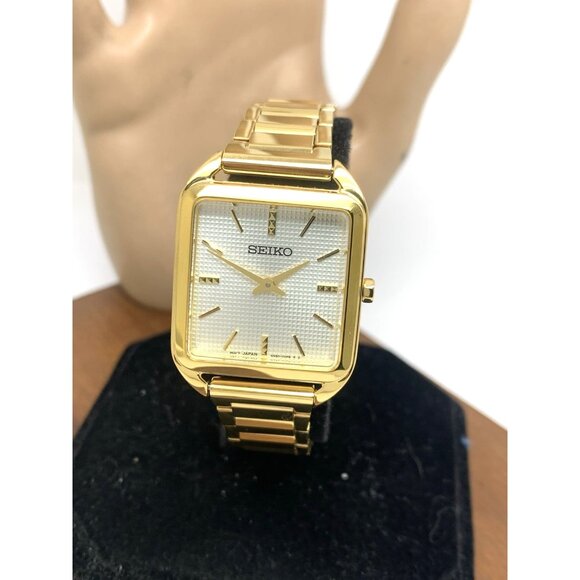 Seiko Women's Watch SWR078 Quartz Tank Rectangle Silver Dial Gold Steel 26mm - Picture 1 of 14